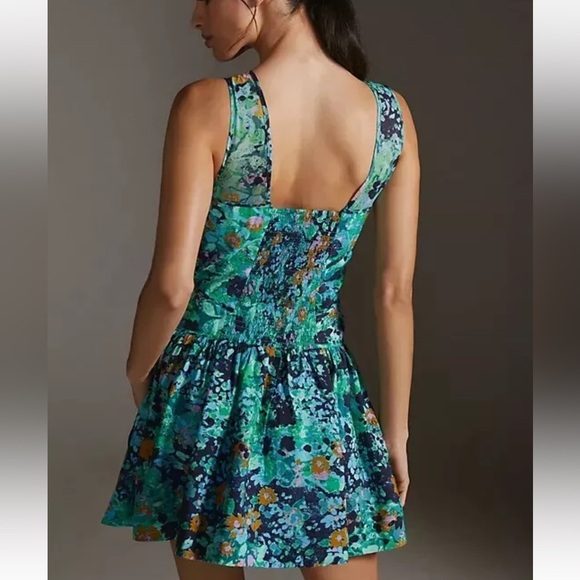 Anthropologie Corset Floral Mini Dress 12P NWT Turquoise Blue Green Party - Picture 3 of 5